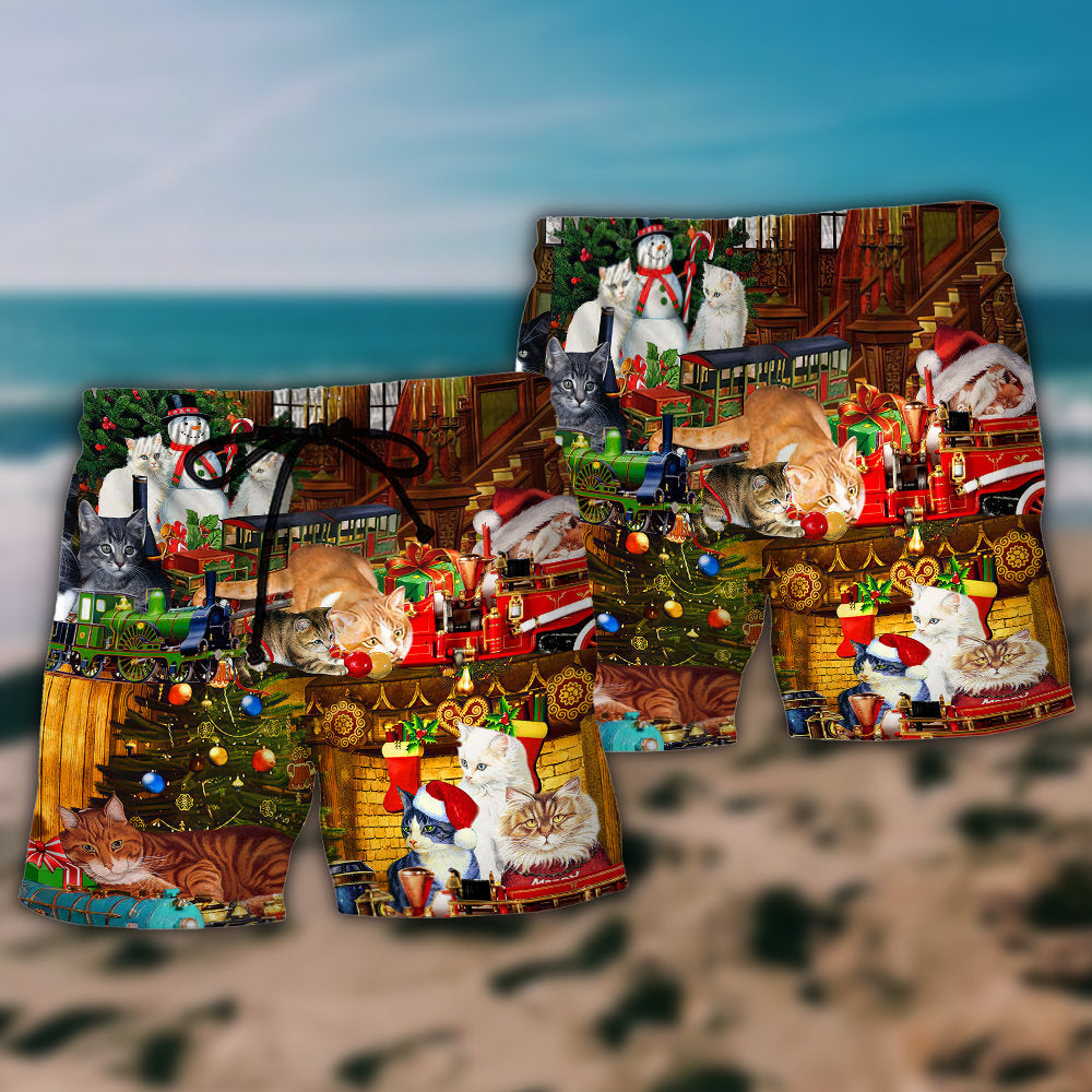 Christmas Cat With Toy Train Art – Beach Short