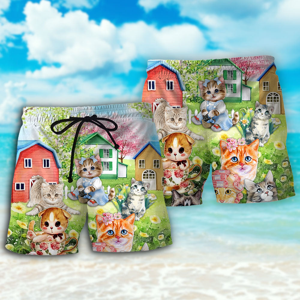 Cat And Flowers Cozy Home – Beach Short