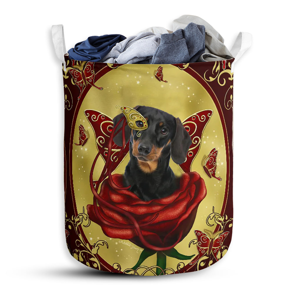 S: 17.72”x13.78” (45x35 cm) Dachshund Charming Rose Butterfly - Laundry Basket - Owls Matrix LTD
