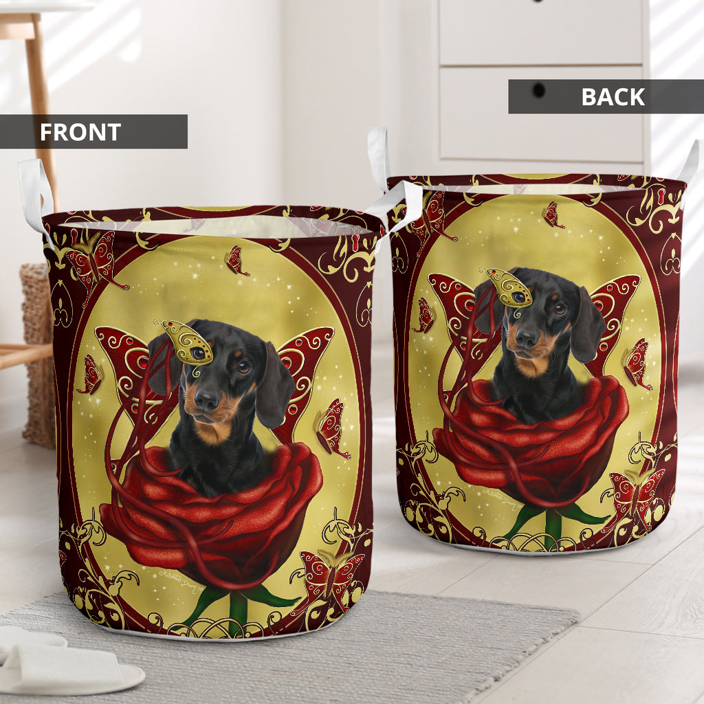 Dachshund Charming Rose Butterfly - Laundry Basket - Owls Matrix LTD