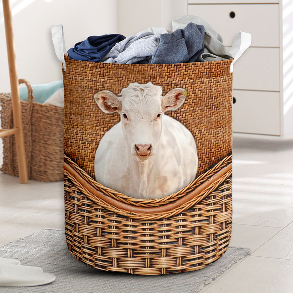 Charolais Cow Rattan Teaxture - Laundry Basket - Owls Matrix LTD