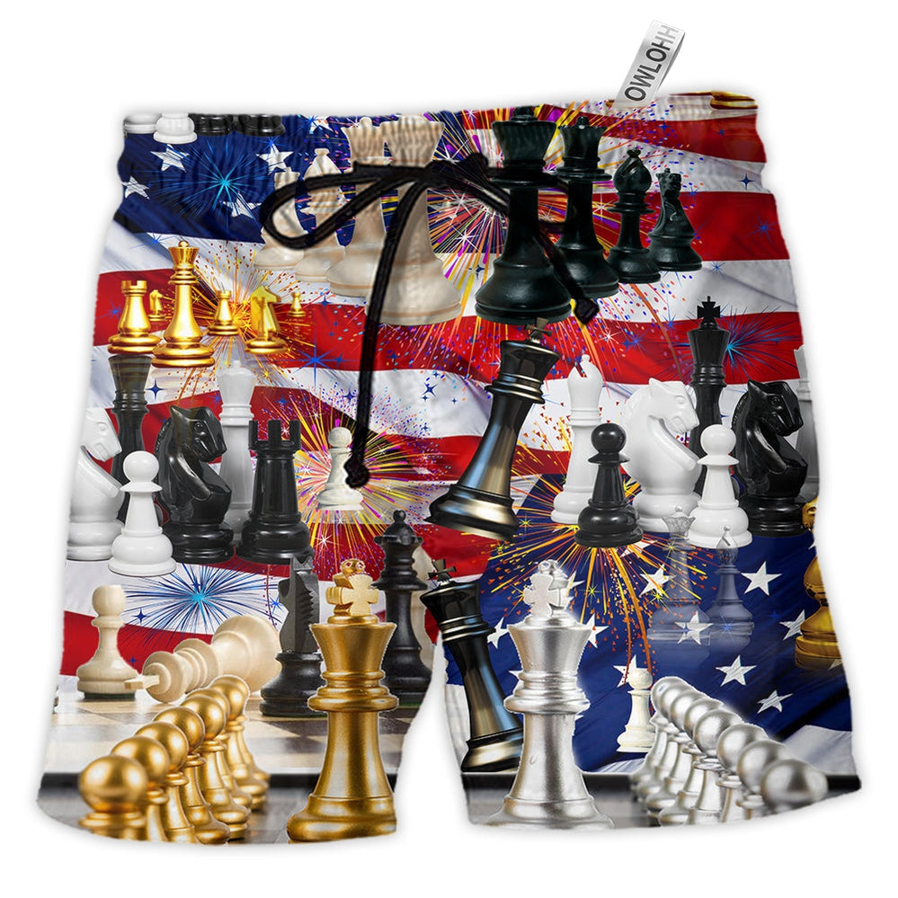 Beach Short / Adults / S Chess And Firework Independence Day - Beach Short - Owls Matrix LTD