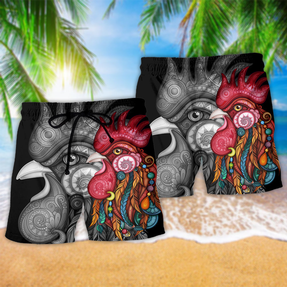 Rooster Black And Color Graphic Art – Beach Short
