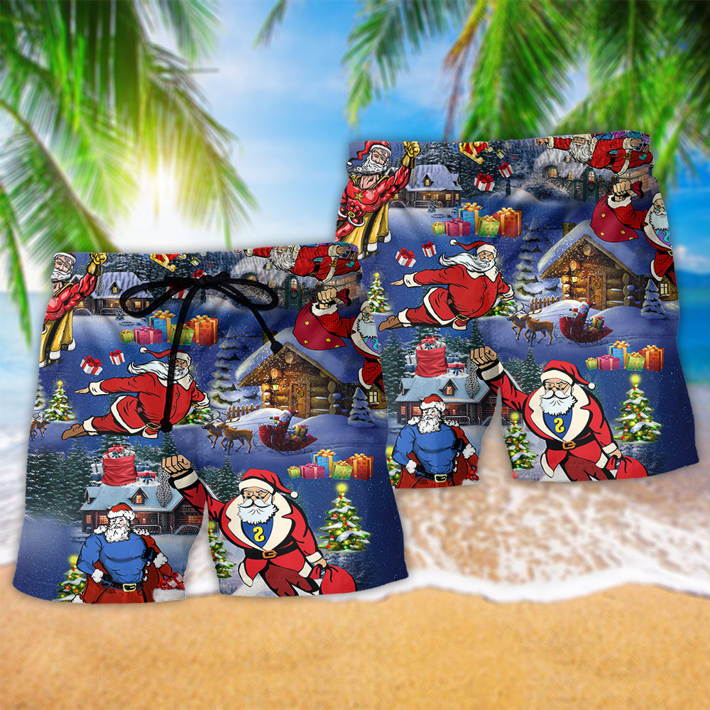 Christmas Flying Super Santa Art - Beach Short