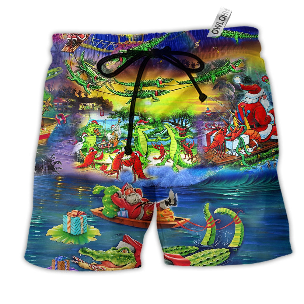 Beach Short / Adults / S Christmas Santa Riding Alligator - Beach Short - Owls Matrix LTD