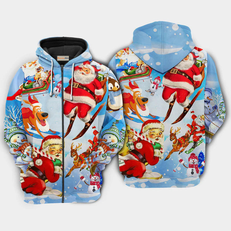 Christmas Skiing Santa Holiday Art – 3D Hoodie
