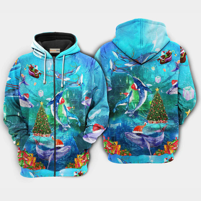 Christmas Whales Under The Sea Holiday Art – 3D Hoodie
