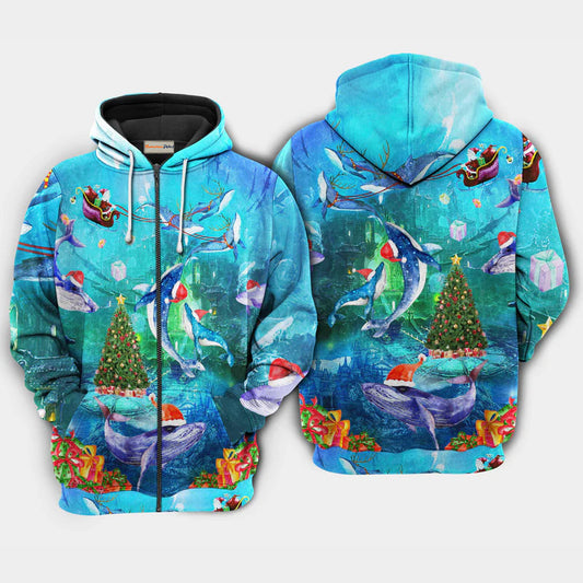 Christmas Whales Under The Sea Holiday Art – 3D Hoodie