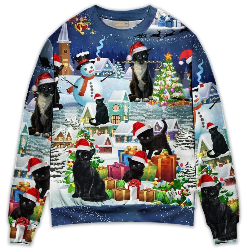 Christmas Black Cat Merry Catmas - Sweater - Ugly Christmas Sweaters