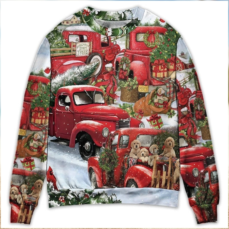 Christmas Red Truck Puppy Xmas Tree – Sweater - Ugly Christmas Sweater