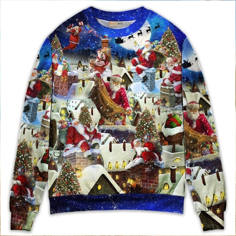 Christmas Rooftop Santa Busy Night – Sweater - Ugly Christmas Sweater