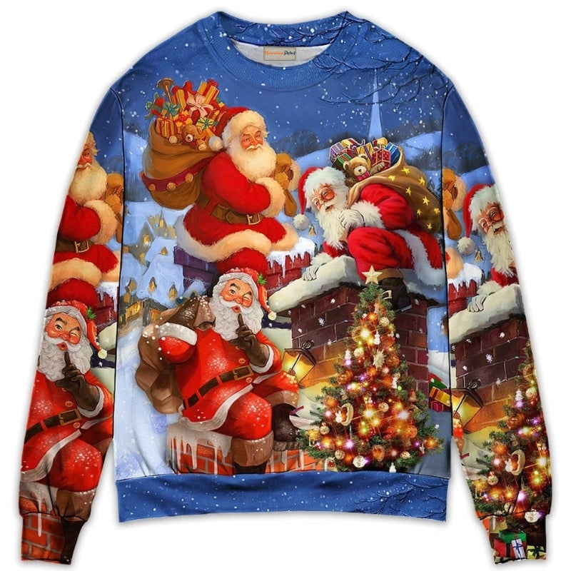Christmas Santa Up On Rooftop Art Style – Sweater - Ugly Christmas Sweater