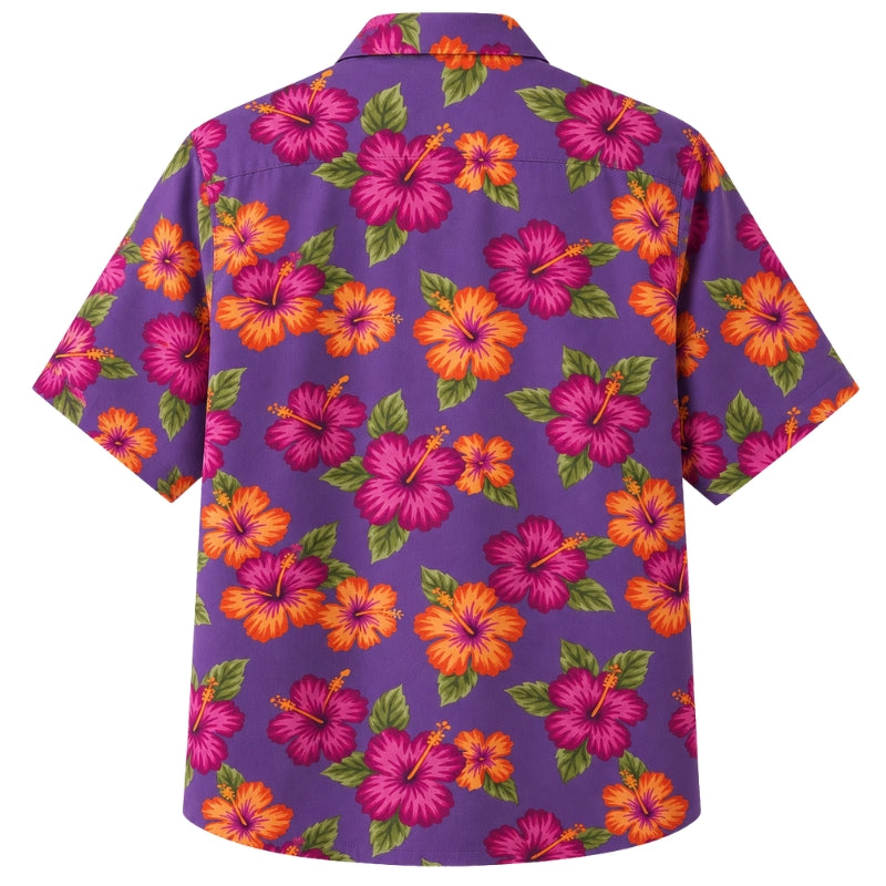 Classic Floral Hawaiian Shirt- Amber Hibiscus Palm Sunset Print