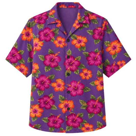 Classic Floral Hawaiian Shirt - Amber Hibiscus Palm Sunset Print
