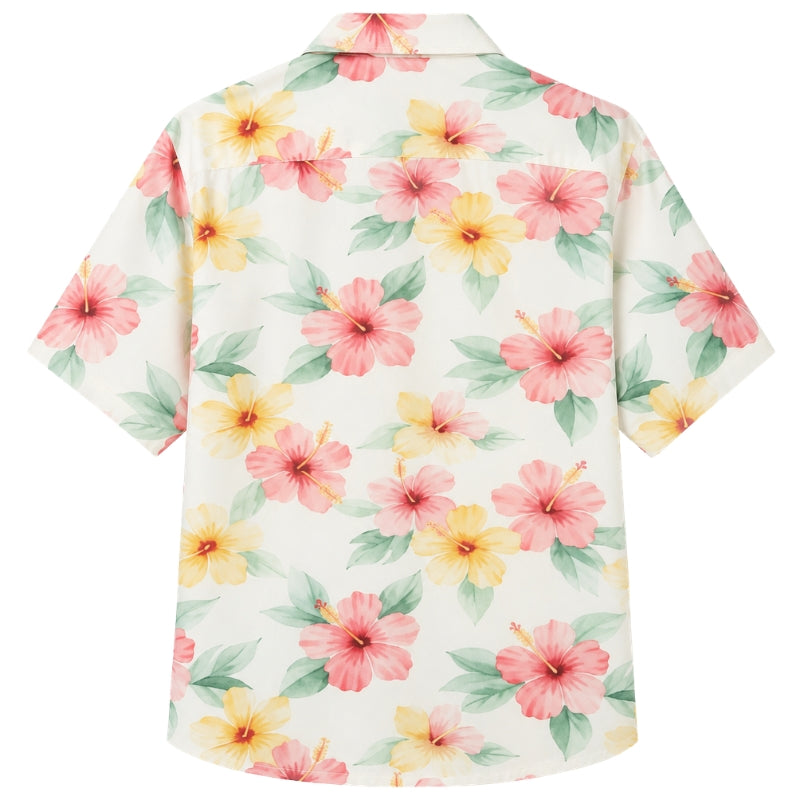 Classic Floral Hawaiian Shirt- Aqua Hibiscus Palm Leaf Print