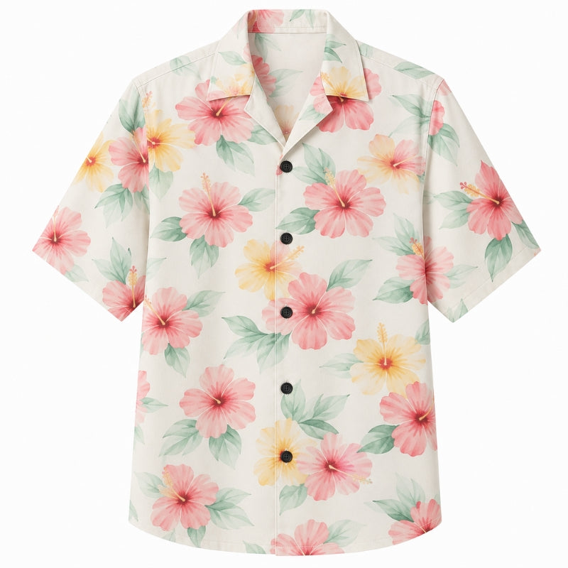 Classic Floral Hawaiian Shirt- Aqua Hibiscus Palm Leaf Print