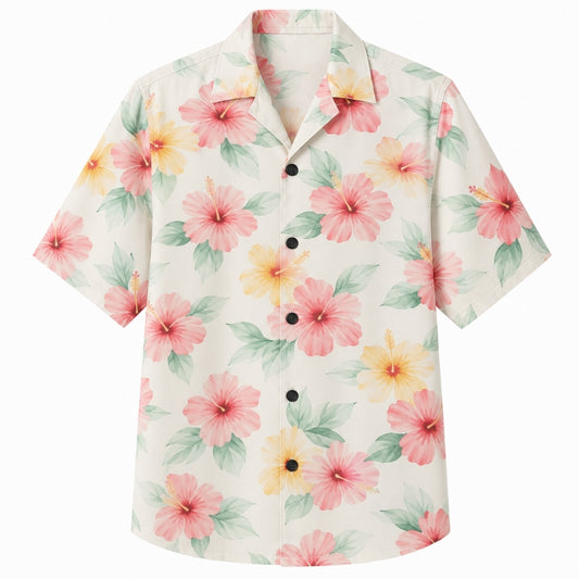 Classic Floral Hawaiian Shirt - Aqua Hibiscus Palm Leaf Print