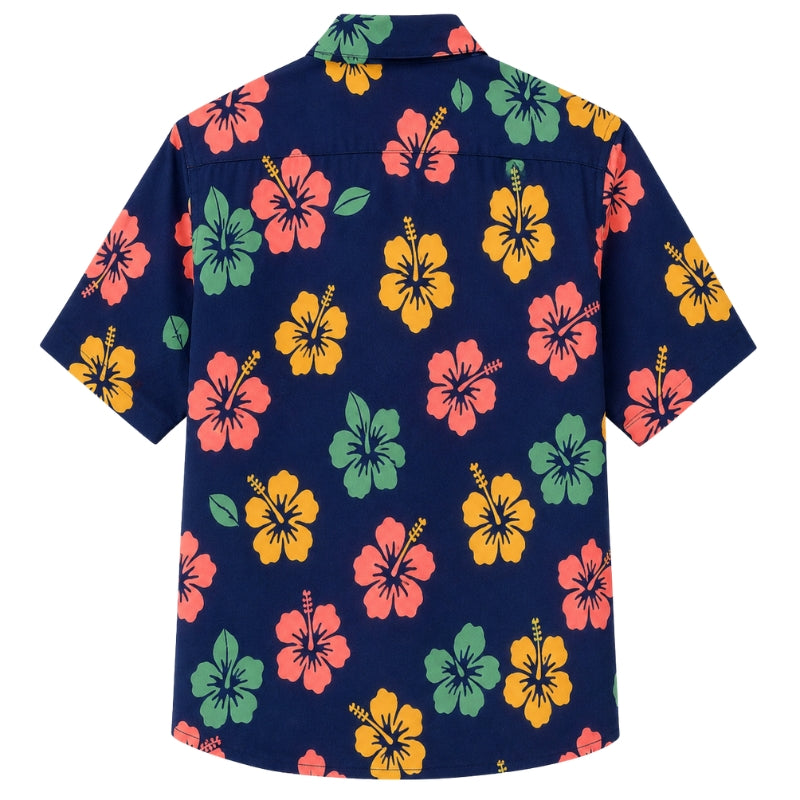 Classic Floral Hawaiian Shirt- Charcoal Hibiscus Bold Leaf Print