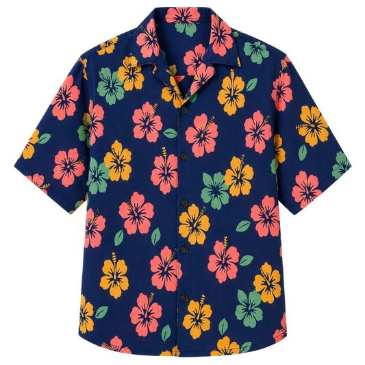 Classic Floral Hawaiian Shirt - Charcoal Hibiscus Bold Leaf Print
