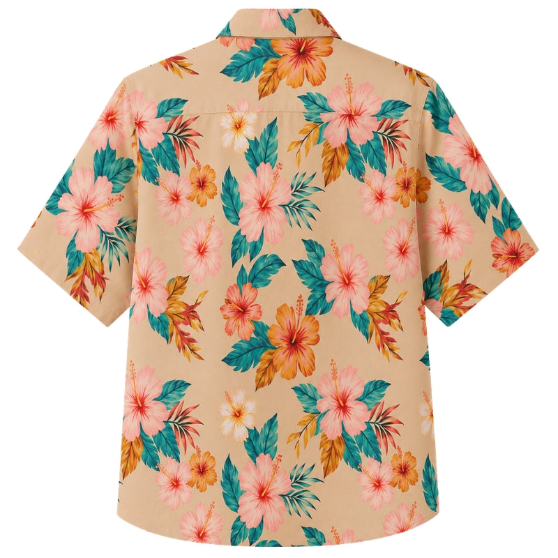 Classic Floral Hawaiian Shirt- Coral Hibiscus Ocean Wave Print