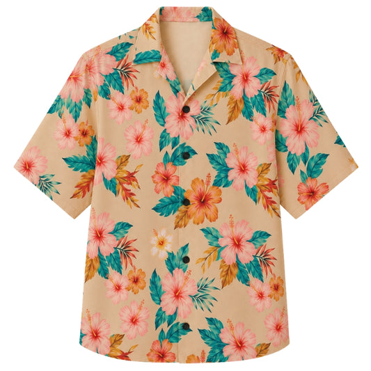 Classic Floral Hawaiian Shirt - Coral Hibiscus Ocean Wave Print