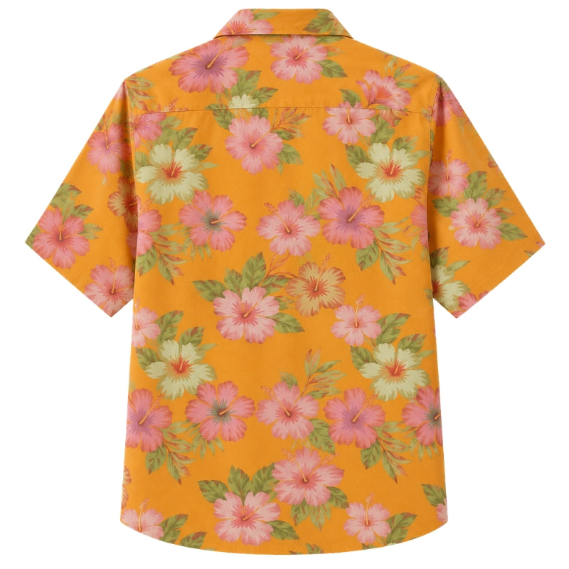 Classic Floral Hawaiian Shirt- Crimson Hibiscus Palm Shadow Print