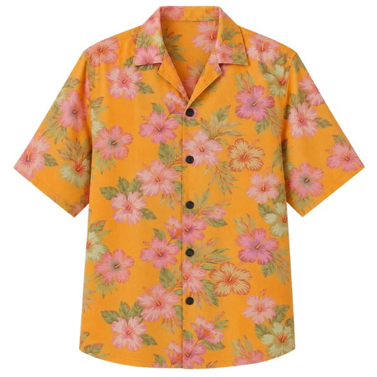 Classic Floral Hawaiian Shirt - Crimson Hibiscus Palm Shadow Print