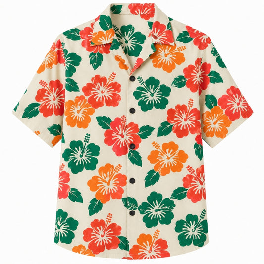 Classic Floral Hawaiian Shirt - Dark Teal Hibiscus Monstera Print
