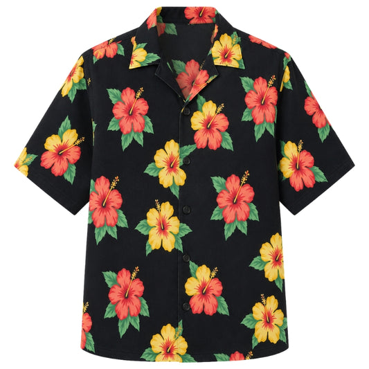 Classic Floral Hawaiian Shirt - Flame Hibiscus Sunset Bloom Print