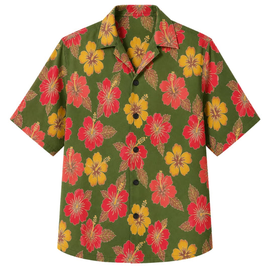 Classic Floral Hawaiian Shirt - Golden Hour Hibiscus Palm Print