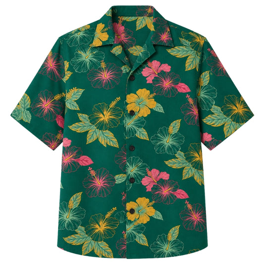 Classic Floral Hawaiian Shirt - Indigo Hibiscus Night Wave Print