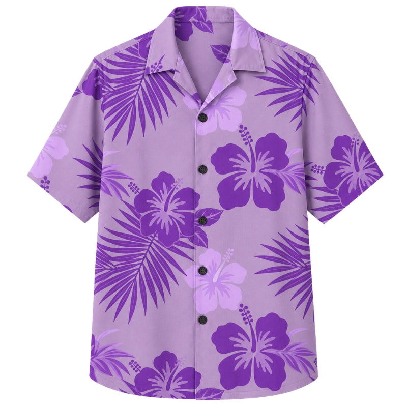 Classic Floral Hawaiian Shirt - Lavender Hibiscus Leaf Mix Print Style