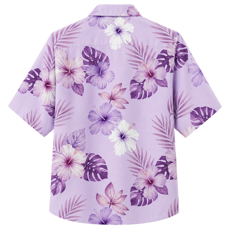 Classic Floral Hawaiian Shirt - Lavender Hibiscus Palm Leaf Print Style
