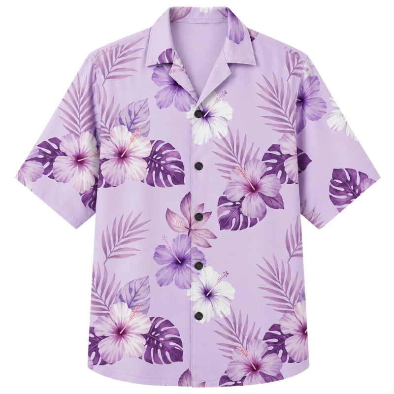 Classic Floral Hawaiian Shirt - Lavender Hibiscus Palm Leaf Print Style
