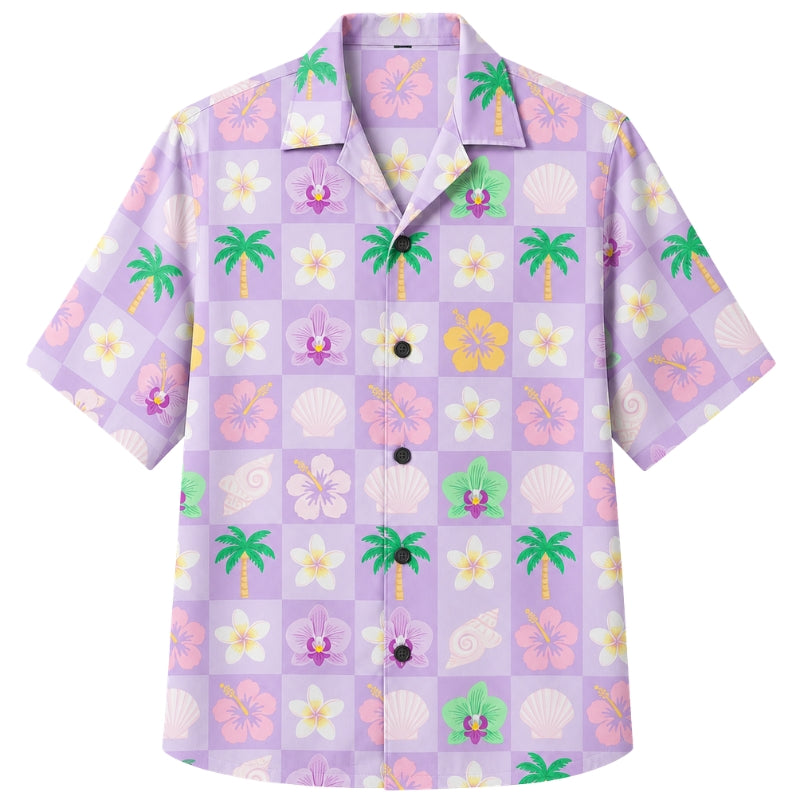 Classic Floral Hawaiian Shirt - Lavender Orchid Leaf Print for Summer