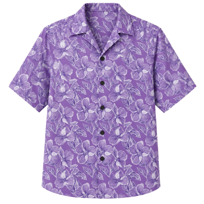Classic Floral Hawaiian Shirt - Lavender Palm Leaf Floral Print Style