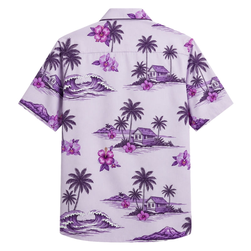 Classic Floral Hawaiian Shirt - Lavender Tropical Hibiscus Fern Print