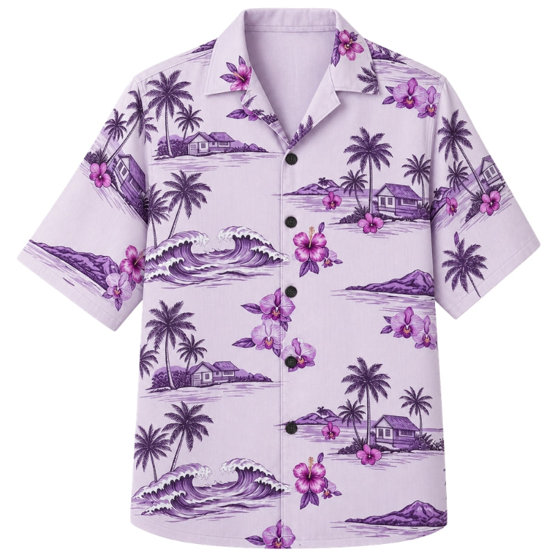 Classic Floral Hawaiian Shirt - Lavender Tropical Hibiscus Fern Print