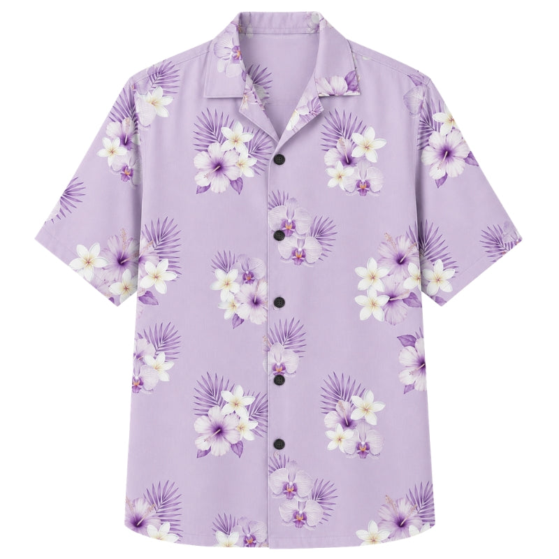 Classic Floral Hawaiian Shirt - Lavender Tropical Hibiscus Wave Print