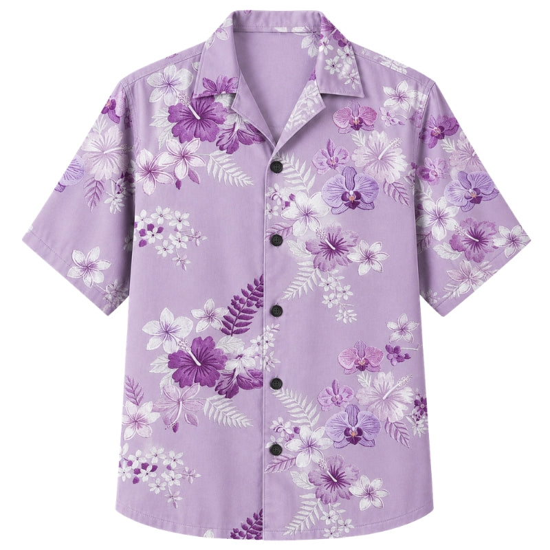Classic Floral Hawaiian Shirt - Lavender Tropical Plumeria Leaf Print