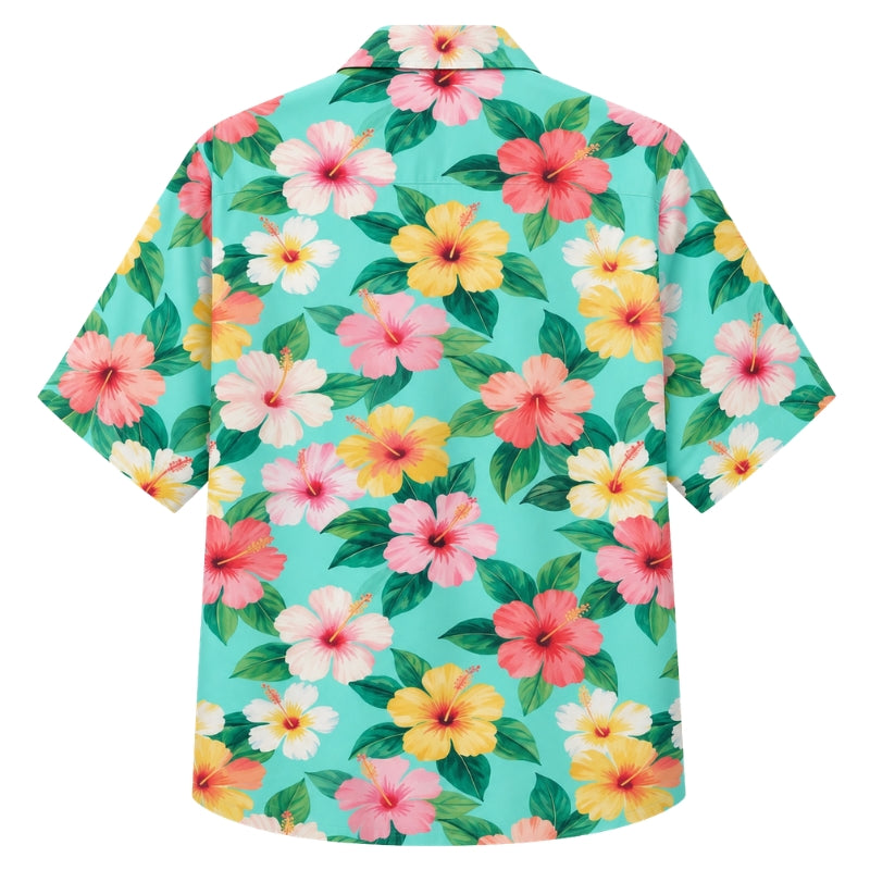 Classic Floral Hawaiian Shirt- Mint Hibiscus Fresh Leaf Print