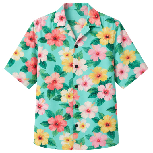 Classic Floral Hawaiian Shirt - Mint Hibiscus Fresh Leaf Print