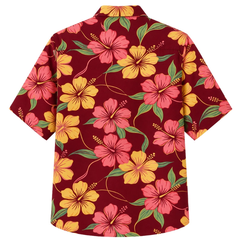 Classic Floral Hawaiian Shirt- Orange Hibiscus Tiki Torch Print