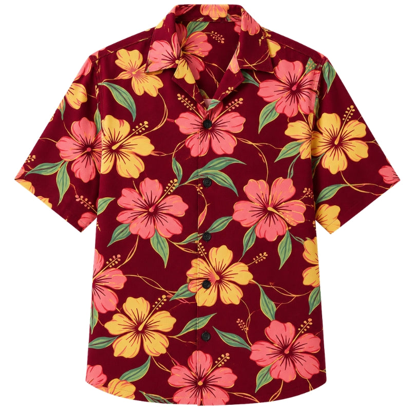 Classic Floral Hawaiian Shirt- Orange Hibiscus Tiki Torch Print