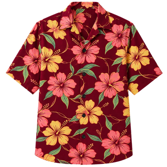 Classic Floral Hawaiian Shirt - Orange Hibiscus Tiki Torch Print