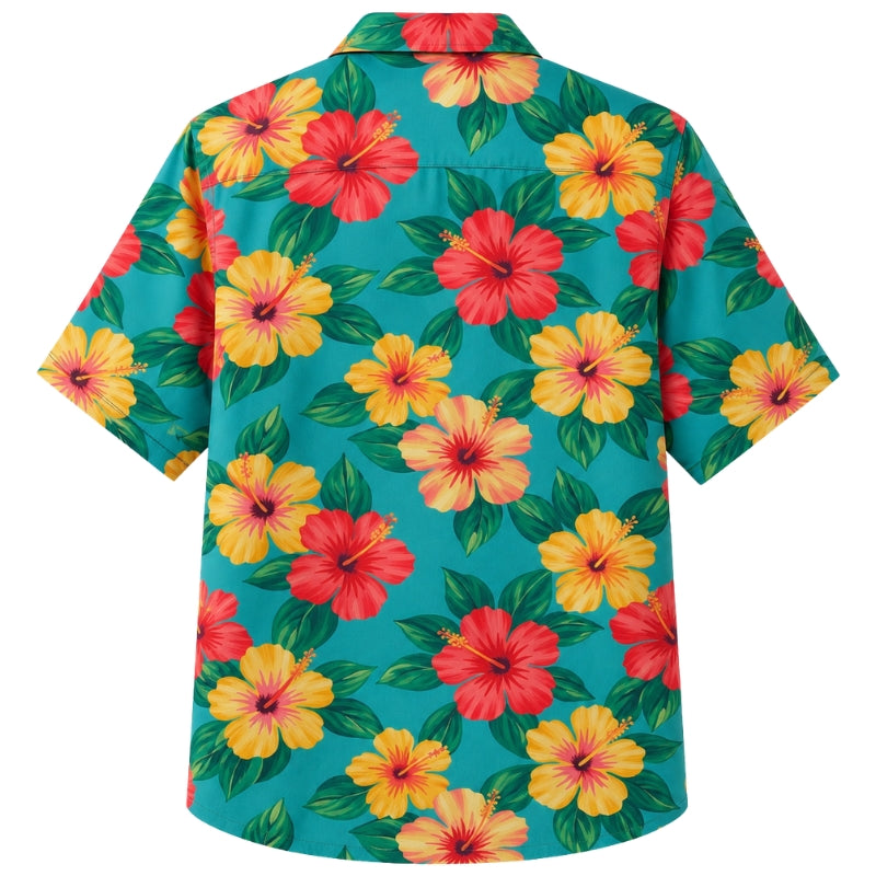 Classic Floral Hawaiian Shirt- Peach Hibiscus Beach Sunrise Print