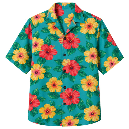 Classic Floral Hawaiian Shirt - Peach Hibiscus Beach Sunrise Print