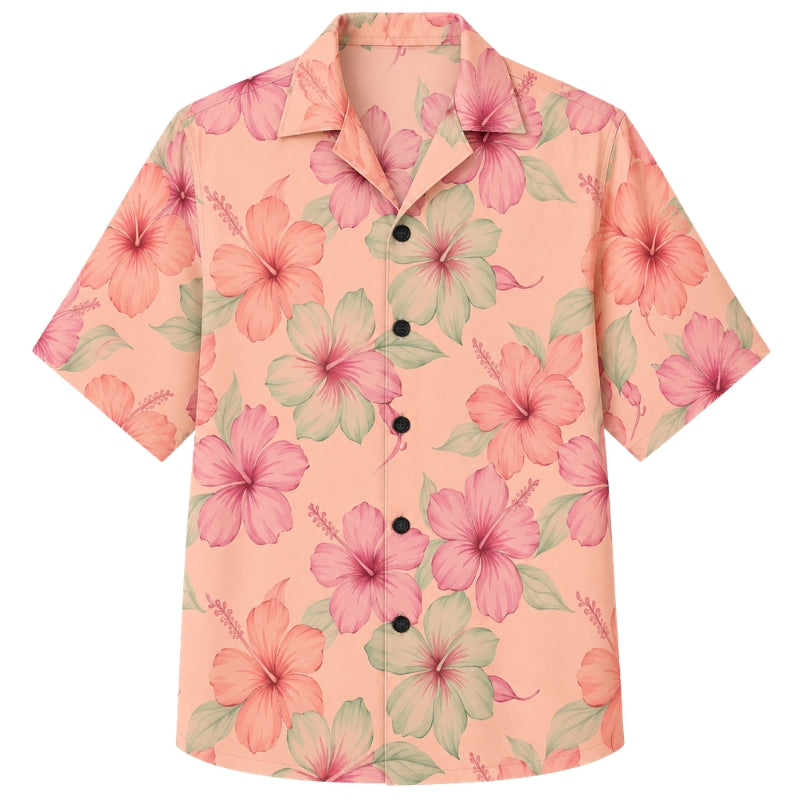 Classic Floral Hawaiian Shirt- Pink Hibiscus Watercolor Bloom Print