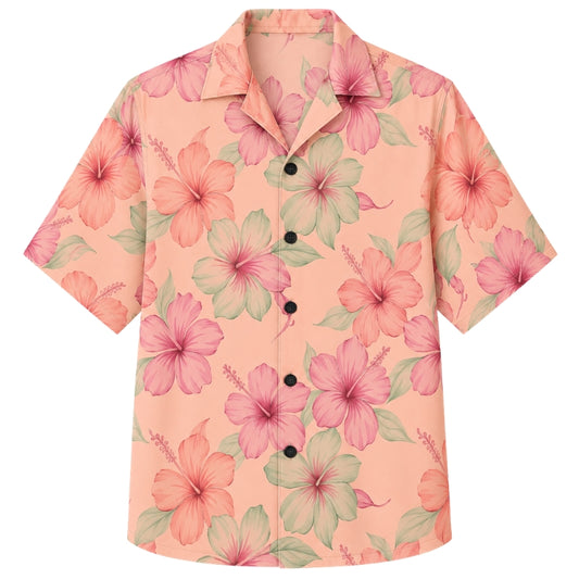 Classic Floral Hawaiian Shirt - Pink Hibiscus Watercolor Bloom Print