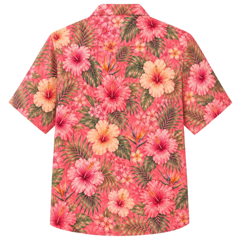 Classic Floral Hawaiian Shirt- Red Hibiscus Vintage Leaf Print